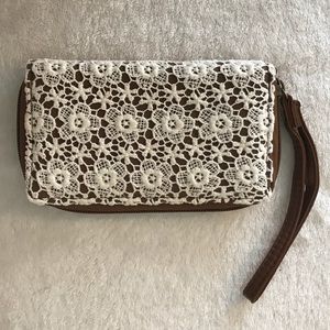Crochet lace and faux leather wristlet, NWOT